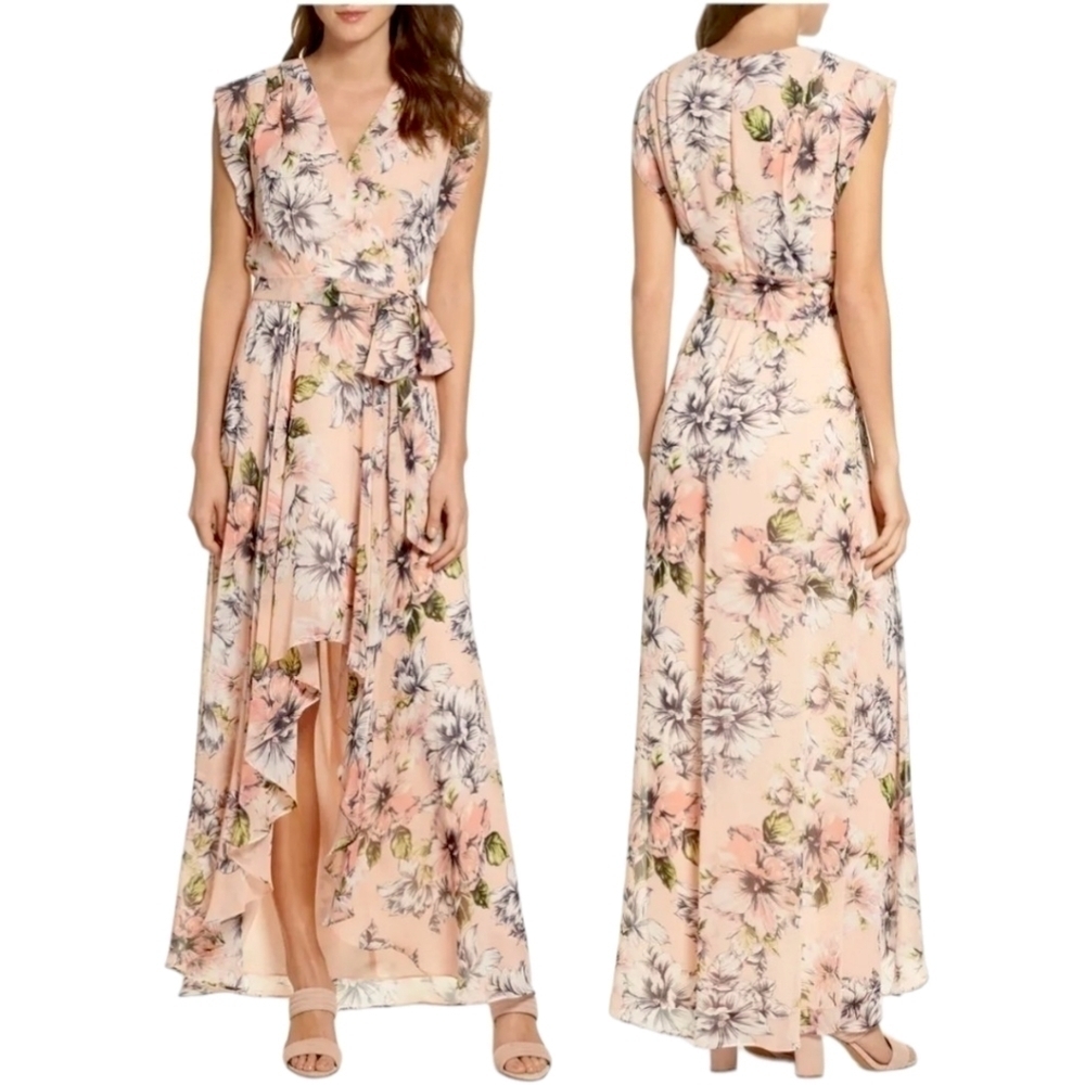 New Eliza J Pink Floral Ruffle High Low Maxi Faux Wrap Dress